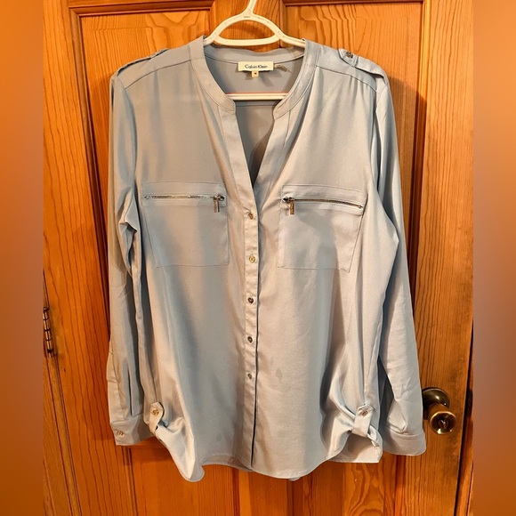 Calvin Klein Light Blue Women Shirt SZ M Silver Buttons Zippers Snap Minimalist - Picture 10 of 16